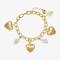 Bijoux Bar Womens Simulated Pearl Heart Charm Bracelet