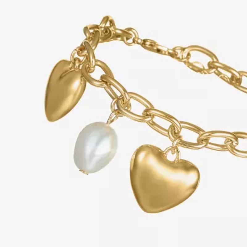 Bijoux Bar Womens Simulated Pearl Heart Charm Bracelet
