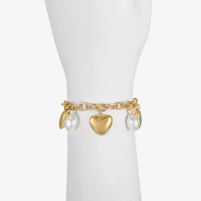 Bijoux Bar Womens Simulated Pearl Heart Charm Bracelet