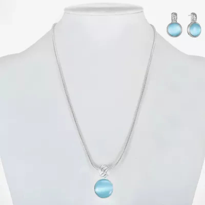 Liz Claiborne Pendant Necklace And Drop Earring Womens Blue Glass Round 2-pc. Jewelry Set