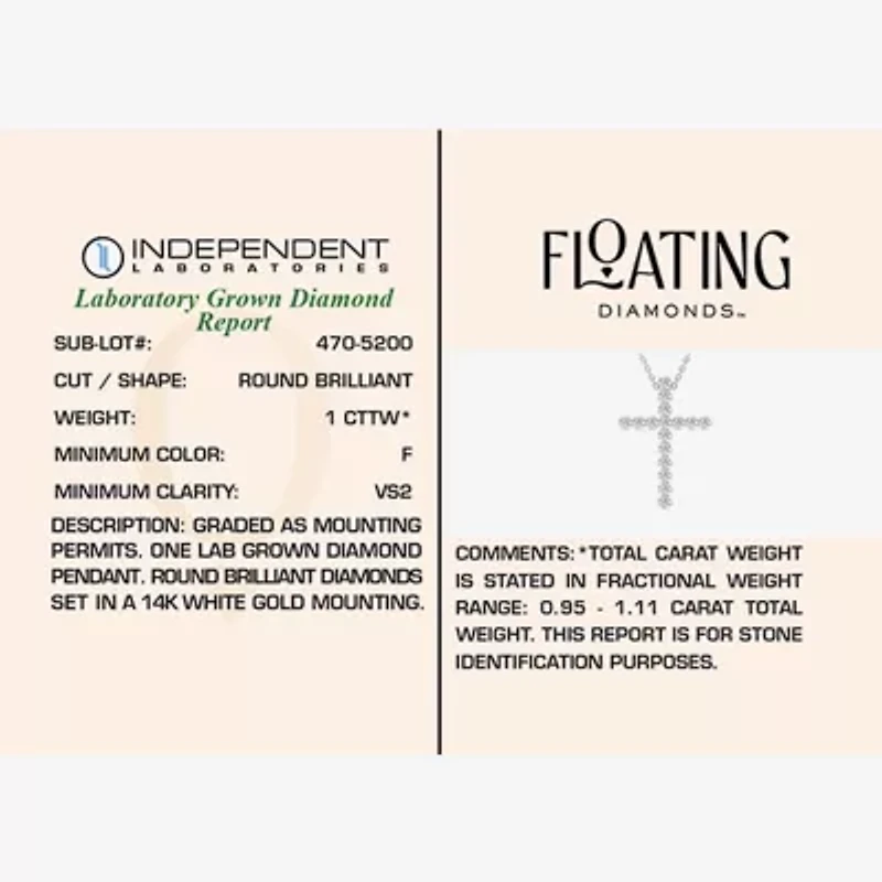 Floating Diamonds (F / Vs2) Womens 1 CT. T.W. Lab Grown White Diamond 14K White Gold Cross 18 Inch Pendant Necklace