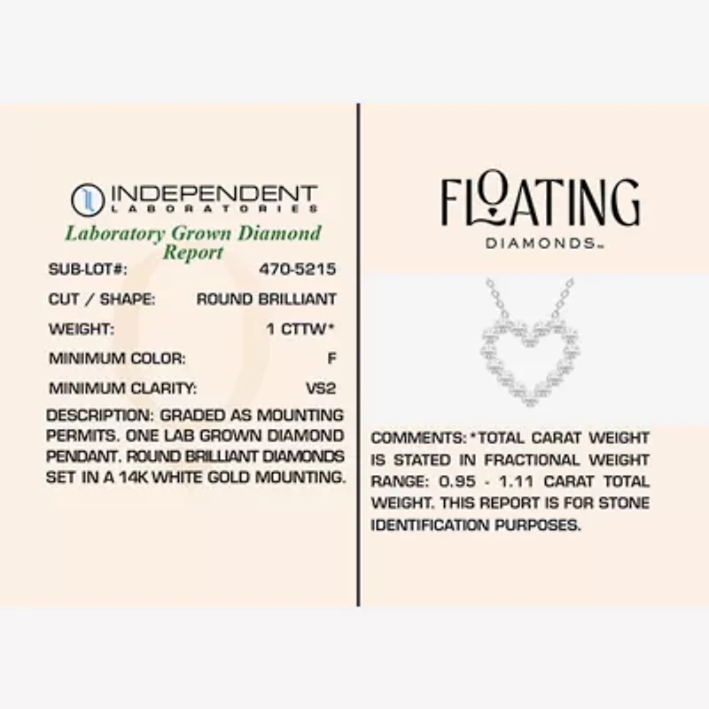 Floating Diamonds (F / Vs2) Womens 1 CT. T.W. Lab Grown White Diamond 14K White Gold Heart 18 Inch Pendant Necklace