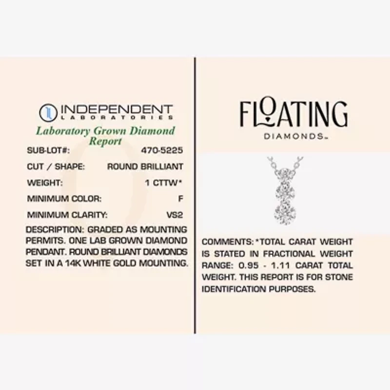 Floating Diamonds (F / Vs2) Womens 1 CT. T.W. Lab Grown White Diamond 14K White Gold Round 18 Inch Pendant Necklace