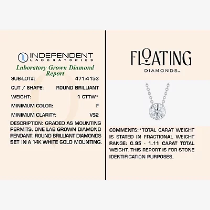 Floating Diamonds (F / Vs2) Womens 1 CT. T.W. Lab Grown White Diamond 14K Gold Round 18 Inch Pendant Necklace