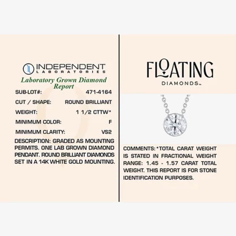 Floating Diamonds (F / Vs2) Womens 1 1/2 CT. T.W. Lab Grown White Diamond 14K White Gold Round 18 Inch Pendant Necklace