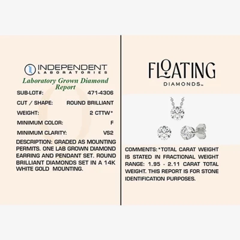 Floating Diamonds (F / Vs2) Womens 2 CT. T.W. Lab Grown White Diamond 14K White Gold Round Jewelry Set