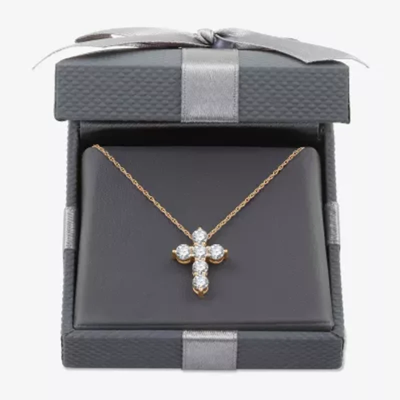 Womens 1 CT. T.W. Lab Grown White Diamond 14K Gold Over Silver Sterling Cross 18 Inch Pendant Necklace