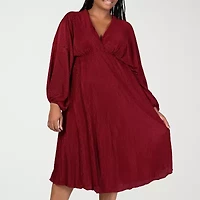 24seven Comfort Apparel Womens Plus Midi V Neck Long Sleeve A-Line Dress