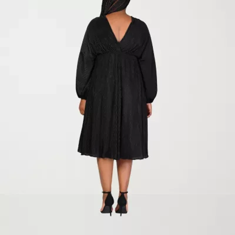 24seven Comfort Apparel Womens Long Sleeve Midi Plus A-Line Dress