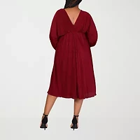 24seven Comfort Apparel Womens Plus Midi V Neck Long Sleeve A-Line Dress
