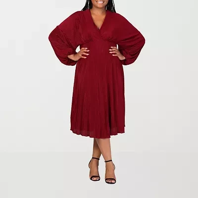 24seven Comfort Apparel Womens Plus Midi V Neck Long Sleeve A-Line Dress