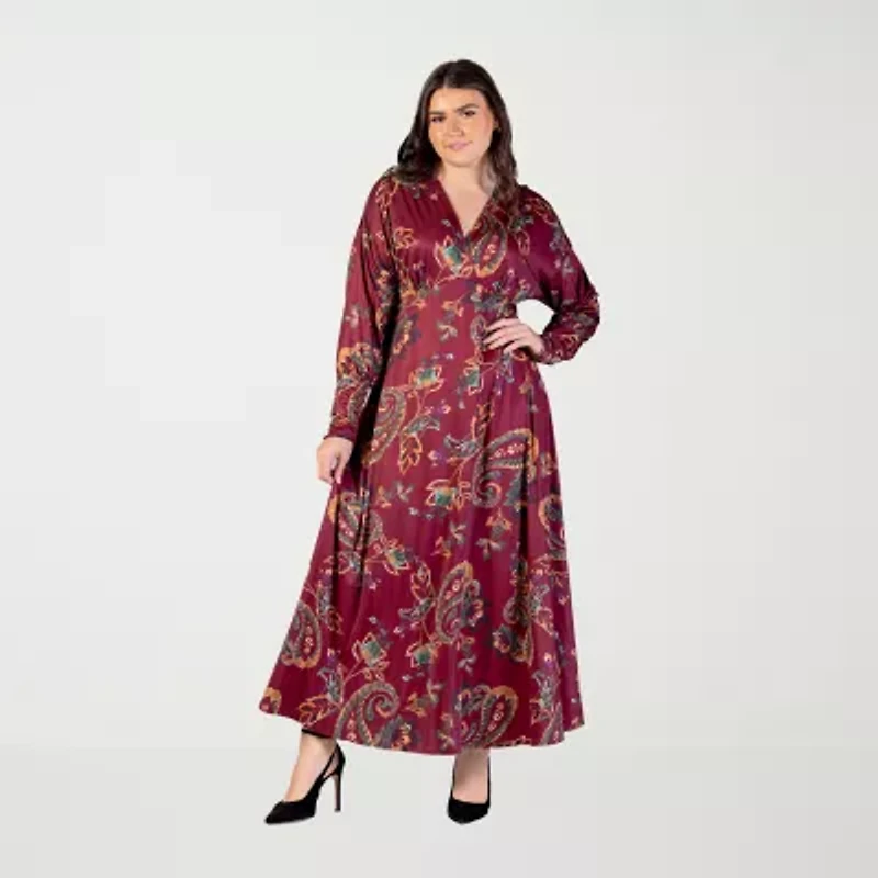 24seven Comfort Apparel Womens Long Sleeve Paisley Plus Maxi Dress