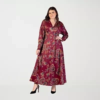 24seven Comfort Apparel Womens Long Sleeve Paisley Plus Maxi Dress