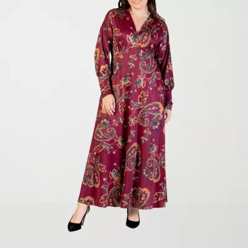24seven Comfort Apparel Womens Long Sleeve Paisley Plus Maxi Dress