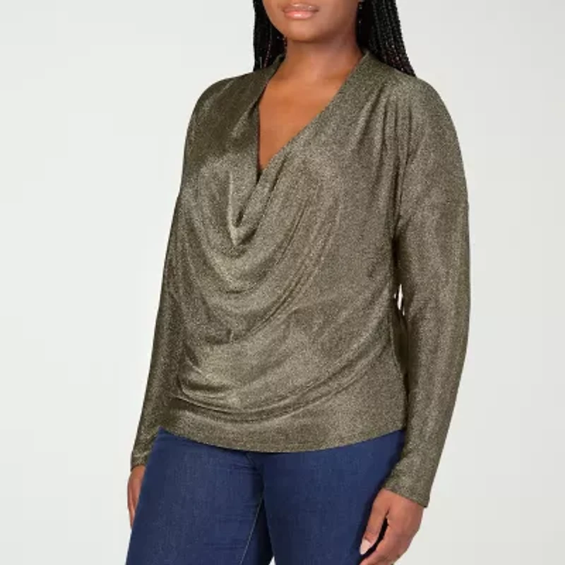 24seven Comfort Apparel Womens Plus Cowl Neck Long Sleeve Blouse