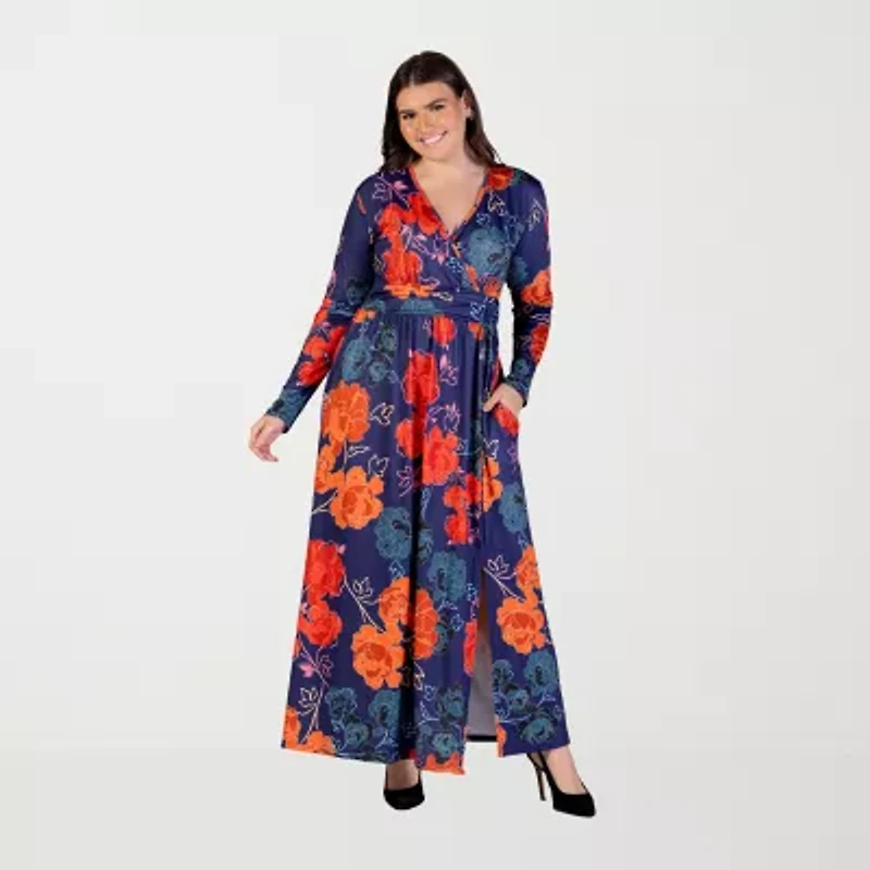 24seven Comfort Apparel Womens Plus Long Sleeve Floral Maxi Dress