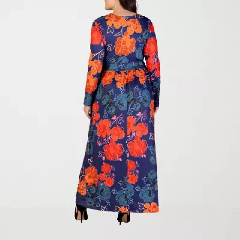 24seven Comfort Apparel Womens Plus Long Sleeve Floral Maxi Dress