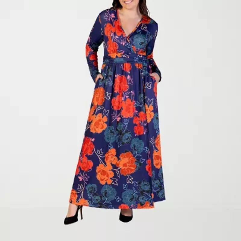 24seven Comfort Apparel Womens Plus Long Sleeve Floral Maxi Dress