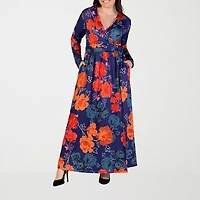 24seven Comfort Apparel Womens Plus Long Sleeve Floral Maxi Dress