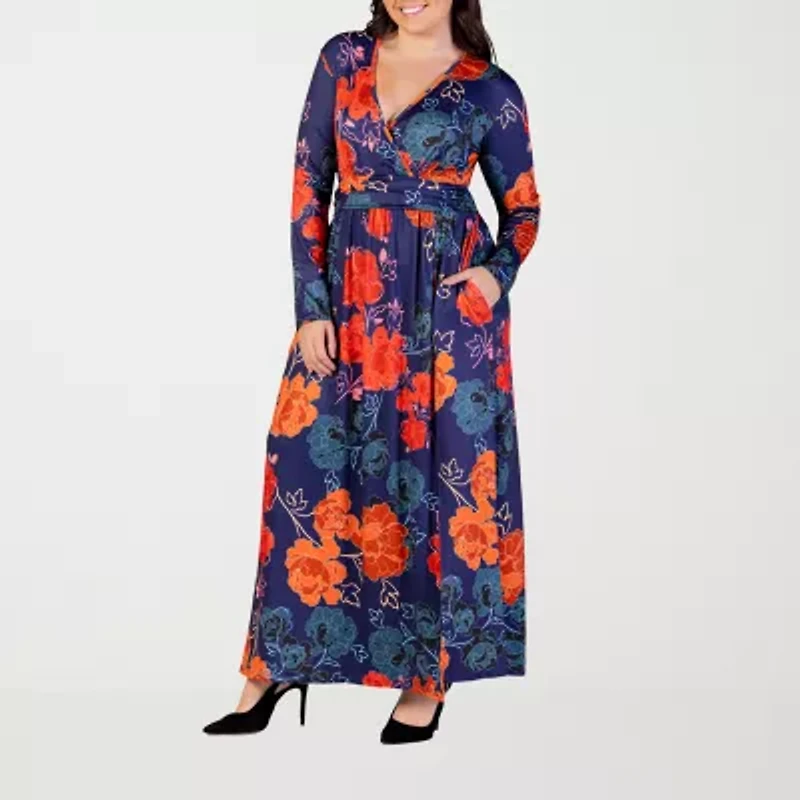 24seven Comfort Apparel Womens Plus Long Sleeve Floral Maxi Dress