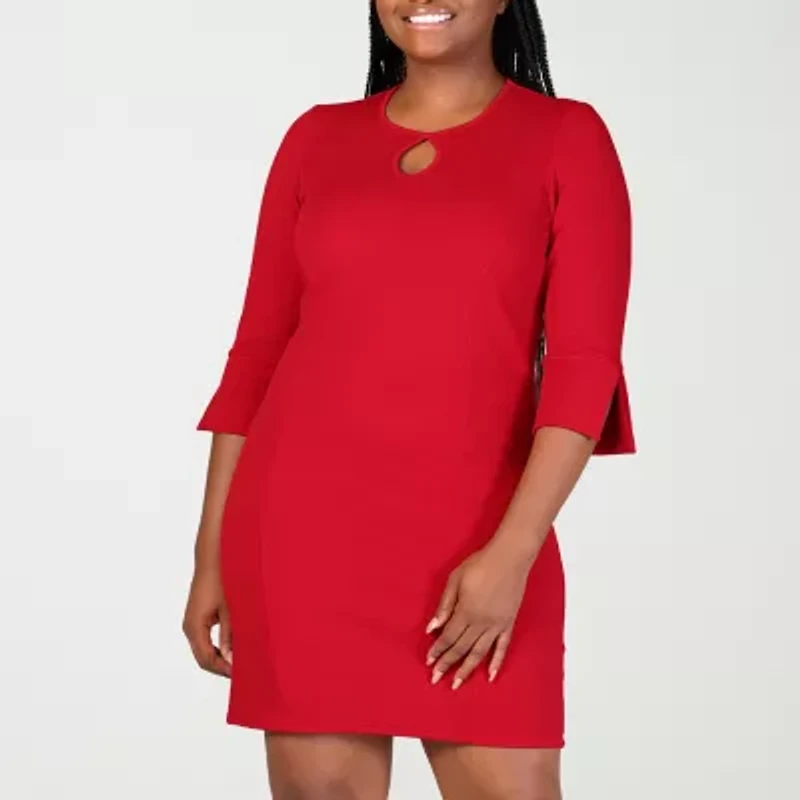 24seven Comfort Apparel Womens Plus Keyhole Neck Elbow Sleeve Shift Dress