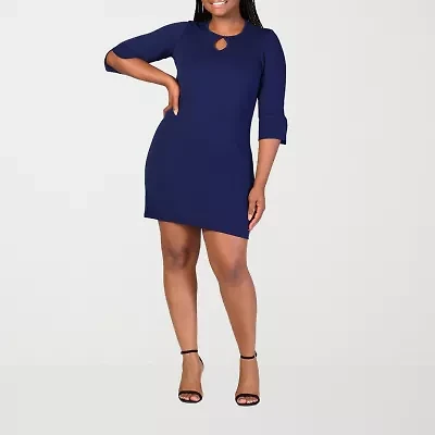 24seven Comfort Apparel Womens Plus Keyhole Neck Elbow Sleeve Shift Dress
