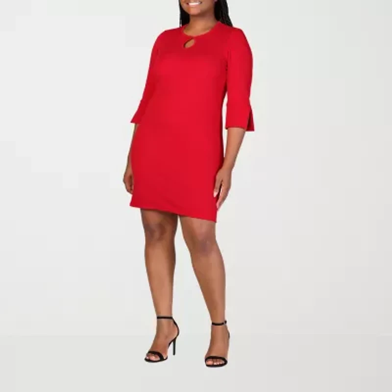 24seven Comfort Apparel Womens Plus Keyhole Neck Elbow Sleeve Shift Dress