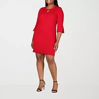 24seven Comfort Apparel Womens Plus Keyhole Neck Elbow Sleeve Shift Dress