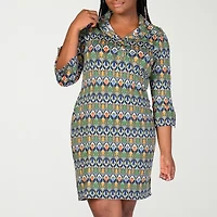 24seven Comfort Apparel Womens Plus 3/4 Sleeve Geometric Shift Dress