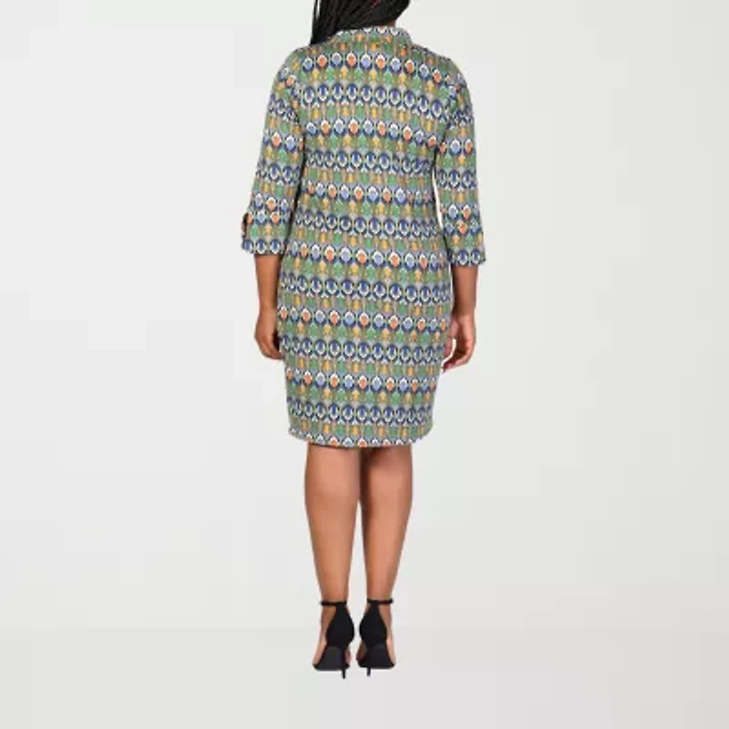 24seven Comfort Apparel Womens Plus 3/4 Sleeve Geometric Shift Dress