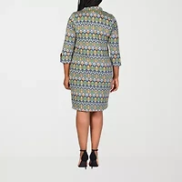 24seven Comfort Apparel Womens Plus 3/4 Sleeve Geometric Shift Dress