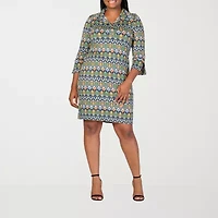 24seven Comfort Apparel Womens Plus 3/4 Sleeve Geometric Shift Dress