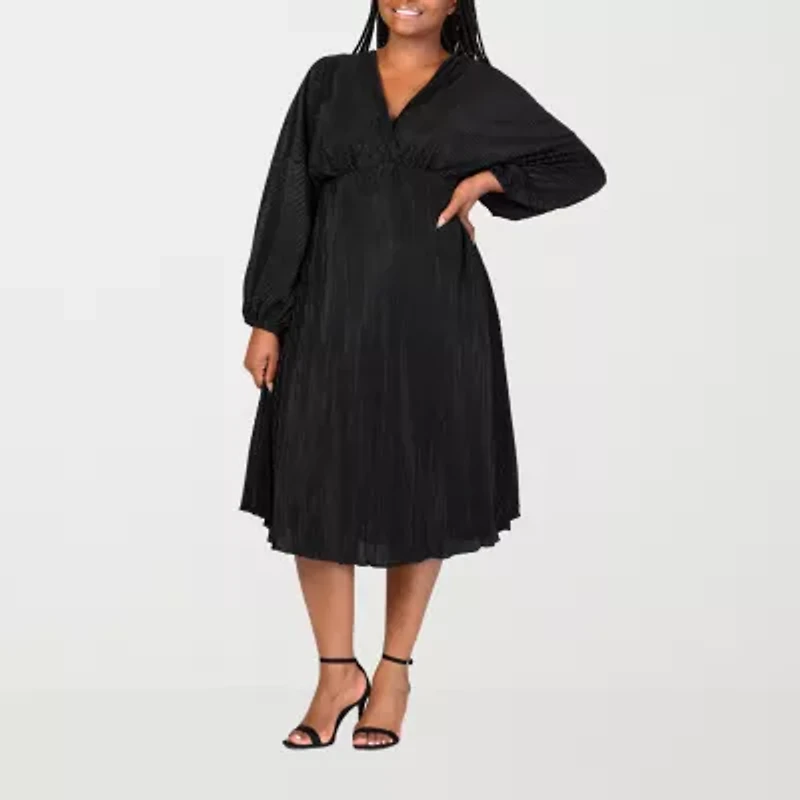24seven Comfort Apparel Womens Long Sleeve Midi Plus A-Line Dress