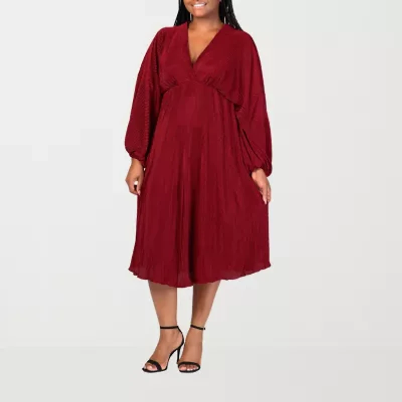 24seven Comfort Apparel Womens Plus Midi V Neck Long Sleeve A-Line Dress