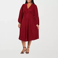 24seven Comfort Apparel Womens Plus Midi V Neck Long Sleeve A-Line Dress