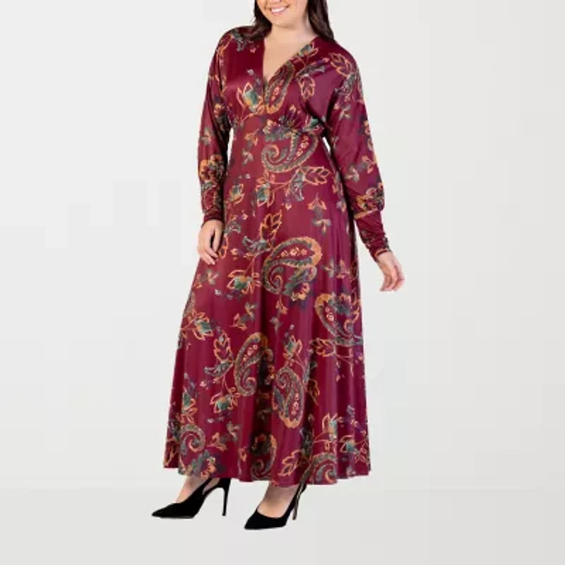 24seven Comfort Apparel Womens Long Sleeve Paisley Plus Maxi Dress