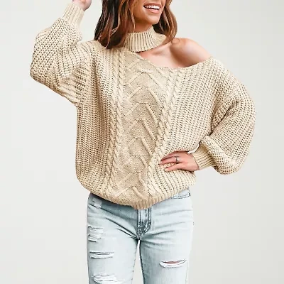 CUPSHE Womens High Neck Cut Outs Long Sleeve Pullover Sweater