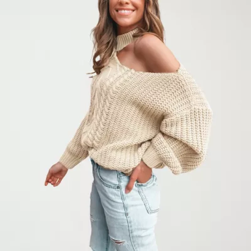 CUPSHE Womens High Neck Cut Outs Long Sleeve Pullover Sweater