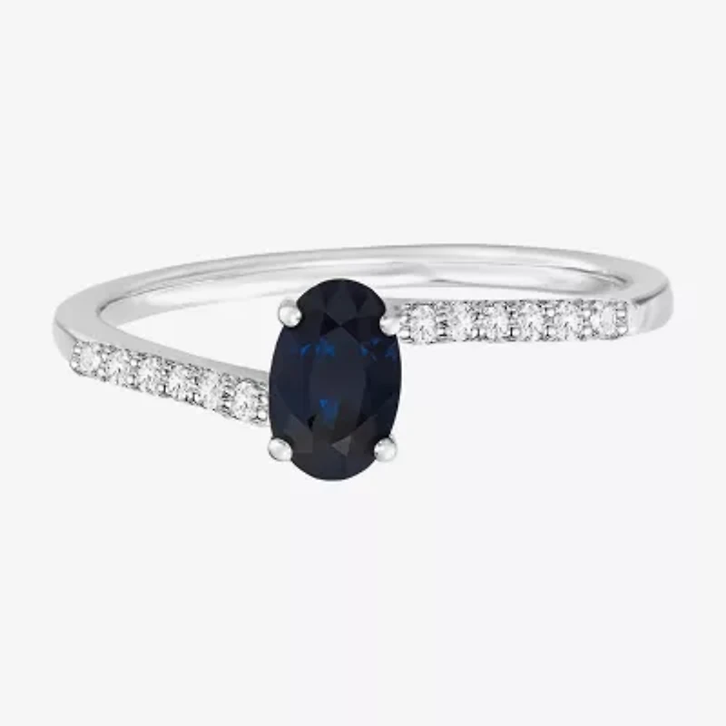 (J-K/I2-I3) Womens 1/10 CT. T.W. Genuine Blue Sapphire 10K White Gold Oval Side Stone Bypass Cocktail Ring