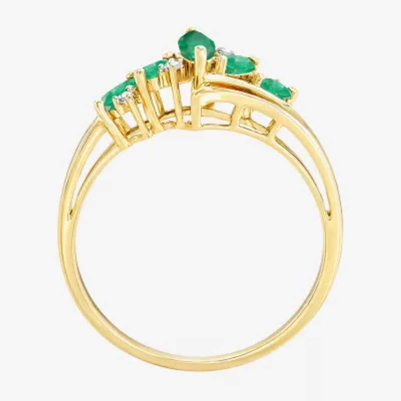 (J-K/I2-I3) Womens Diamond Accent Genuine Green Emerald 10K Gold Marquise Side Stone Bypass  Cocktail Ring