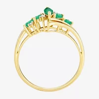 (J-K/I2-I3) Womens Diamond Accent Genuine Green Emerald 10K Gold Marquise Side Stone Bypass  Cocktail Ring