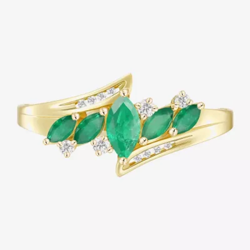(J-K/I2-I3) Womens Diamond Accent Genuine Green Emerald 10K Gold Marquise Side Stone Bypass Cocktail Ring