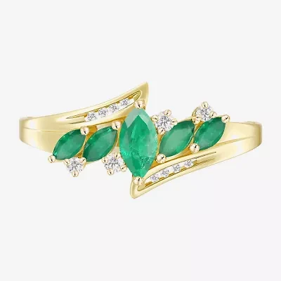 (J-K/I2-I3) Womens Diamond Accent Genuine Green Emerald 10K Gold Marquise Side Stone Bypass Cocktail Ring