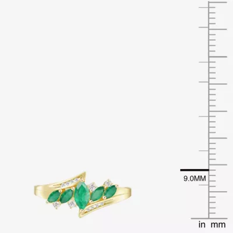 (J-K/I2-I3) Womens Diamond Accent Genuine Green Emerald 10K Gold Marquise Side Stone Bypass Cocktail Ring