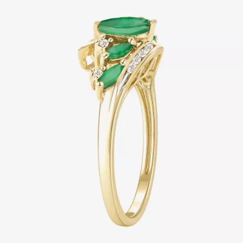 (J-K/I2-I3) Womens Diamond Accent Genuine Green Emerald 10K Gold Marquise Side Stone Bypass Cocktail Ring
