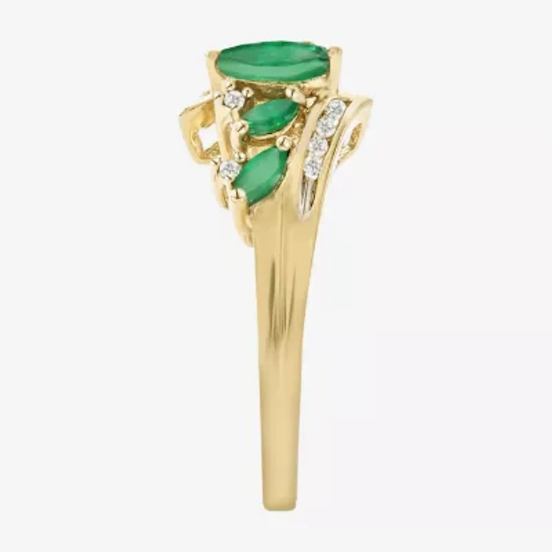 (J-K/I2-I3) Womens Diamond Accent Genuine Green Emerald 10K Gold Marquise Side Stone Bypass Cocktail Ring