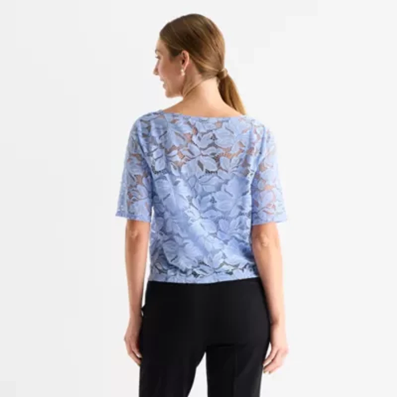 Liz Claiborne Womens Boat Neck Elbow Sleeve Lace Blouse