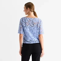 Liz Claiborne Womens Boat Neck Elbow Sleeve Lace Blouse