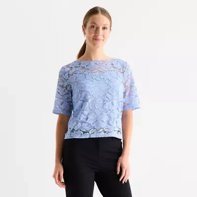 Liz Claiborne Womens Boat Neck Elbow Sleeve Lace Blouse