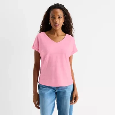 St. John's Bay Womens V Neck Textured Short Sleeve Blouse